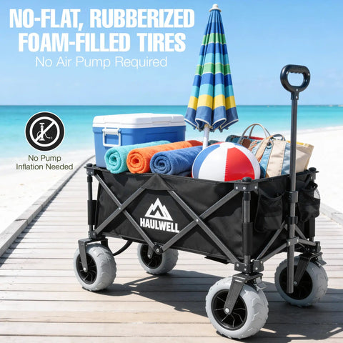 All Terrain Beach Wagon With Big Sand Wheels, Ultra Durable Collapsible Beach Cart With 9-Inch Foam-Filled Tires on Boardwalk