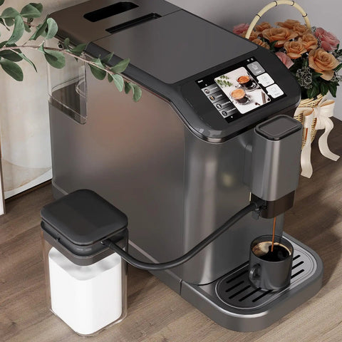 Super Automatic Espresso Maker With Built In Grinder And One Touch Milk Frother For Low Stress Brewing And Knockout Lattes In Sleek Premium Gray Finish pouring coffee into a black cup.