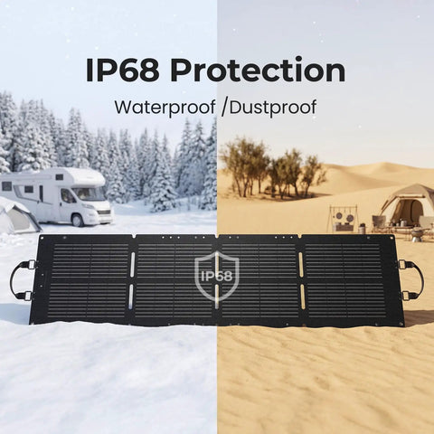 IP68 rated 100W foldable solar panel in snow and sand, showcasing waterproof and dustproof features for Ready To Roll 300W Portable Power Station.