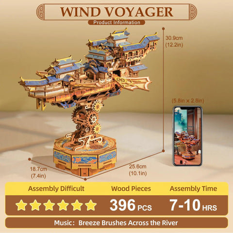 3D Wooden Puzzle Kit For Adults With DIY Japanese Ship Model And Music, Orien Airship Vintage Movable Building Set