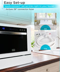 No Sweat Countertop Dishwasher Featuring Seven Heavy Duty Cycles And Certified Energy Star Efficiency For Quick Clean Rounds And Studio Apartment Layouts In Crisp White with quick-connect hose setup.