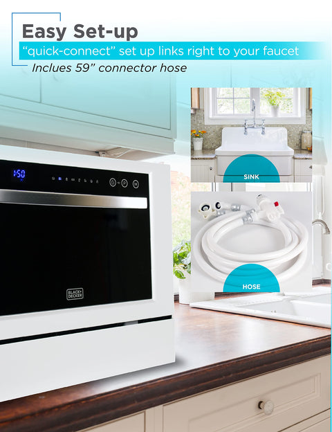 No Sweat Countertop Dishwasher Featuring Seven Heavy Duty Cycles And Certified Energy Star Efficiency For Quick Clean Rounds And Studio Apartment Layouts In Crisp White with quick-connect hose setup.