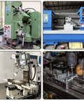 Industrial milling and CNC machines collage: green milling machine, blue CNC center, white vertical mill, and drill setup.
