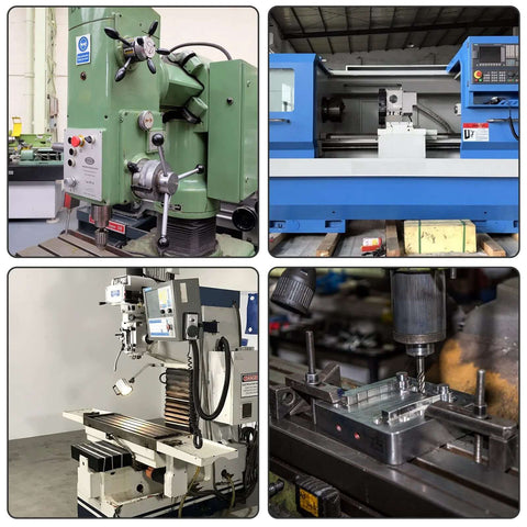 Industrial milling and CNC machines collage: green milling machine, blue CNC center, white vertical mill, and drill setup.