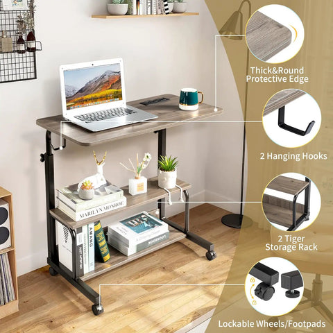 Unwind And Handle Daily Grind At This Grey Oak Rolling Standing Desk With Height Adjustable Top Smooth Gliding Wheels Grab And Go Mobility Side Hooks And Roomy Storage Shelves For Your Home Office Setup.
