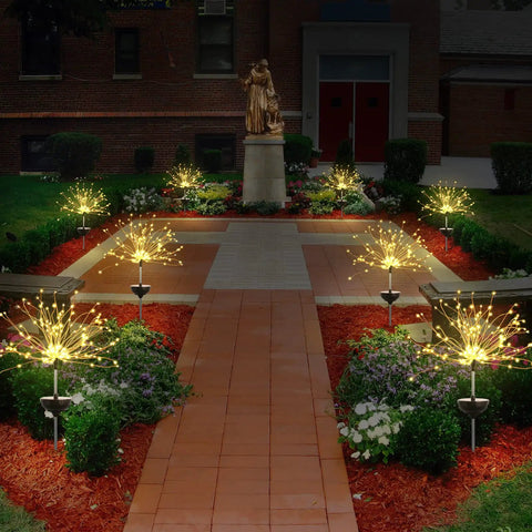 2 Pack Solar Firework Outdoor Lights For Garden Patio Yard And Pathway Waterproof IP65 With 8 Lighting Modes in garden setting