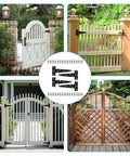Collage of gates with 4 Pack 6 Inch T Strap Hinges Heavy Duty Outdoor Black Tee Hinge installed on various wooden fences and barn doors.