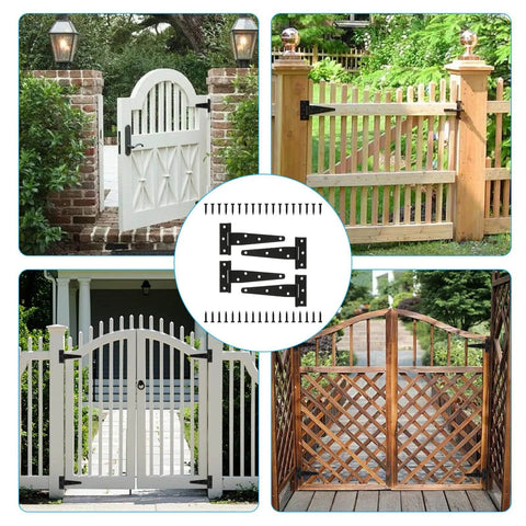 Collage of gates with 4 Pack 6 Inch T Strap Hinges Heavy Duty Outdoor Black Tee Hinge installed on various wooden fences and barn doors.