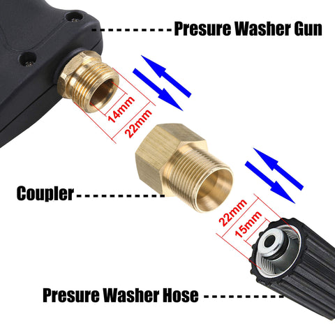 Universal M22 Pressure Washer Coupler Adapter 15mm Male To 14mm Female, 4500 PSI connecting gun and hose