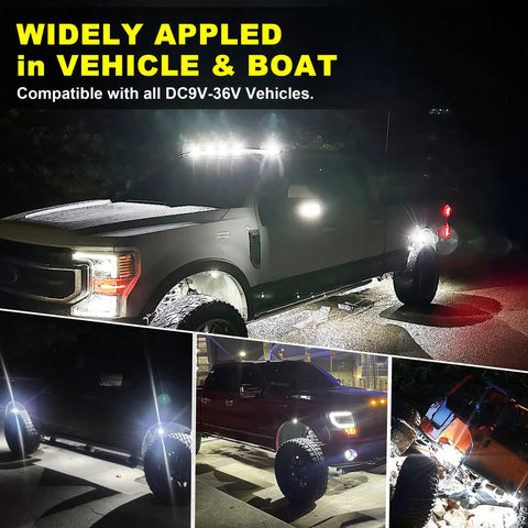 Four Pod Rock Lights With 72 LEDs 72W High Power Pure White Underglow illuminating truck and SUV, showcasing off-road readiness.
