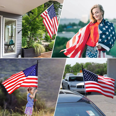 Collage showcasing Five Foot Heavy Duty Outdoor Flag Pole Kit With 3x5 Embroidered US Flag in various settings and uses.