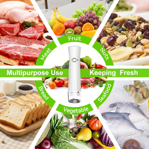 Compact Food Vacuum Sealer With 80KPa Suction, 2000mAh Battery shown with various food categories for preservation.