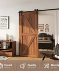 8 Foot Single Track Bypass Sliding Barn Door Hardware Kit for Double Doors Low Ceiling Friendly with Easy Install shown in living room