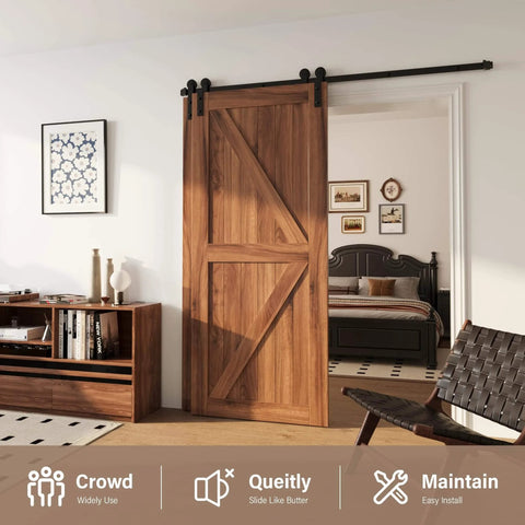 8 Foot Single Track Bypass Sliding Barn Door Hardware Kit for Double Doors Low Ceiling Friendly with Easy Install shown in living room