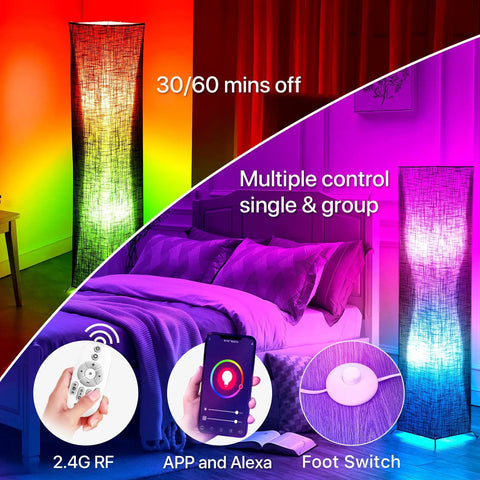 Modern Floor Lamp With Color Changing RGB Bulbs, Dimmable Smart Lighting, Black Linen Shade in a colorful bedroom setup.