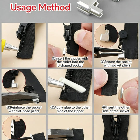 Usage method for All-In-One 368-Piece Zipper Repair Kit With 2 Installation Pliers, showing pliers and socket installation steps.