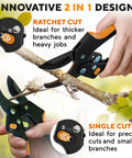 Hand using Heavy Duty Pruning Shears With Ratchet Cut For Easy Gardening, 3x Power To Tackle Thick Branches, Arthritis Friendly.