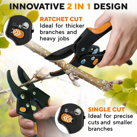 Hand using Heavy Duty Pruning Shears With Ratchet Cut For Easy Gardening, 3x Power To Tackle Thick Branches, Arthritis Friendly.
