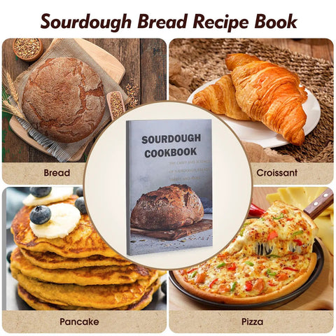 Sourdough bread recipe book surrounded by bread, croissant, pancake, and pizza images.