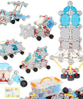 STEM Building Toys For Kids 160 Piece Educational Engineering Blocks Kit with various assembled models and storage box