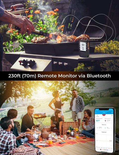 Bluetooth Meat Thermometer for Grill, Smoker, and Oven With 2 Probes, Wireless Digital BBQ Thermometer, Timer Mode, Backlit LCD, Helps You Cook Beef, Poultry, Pork, Turkey, and Fish To USDA Temps