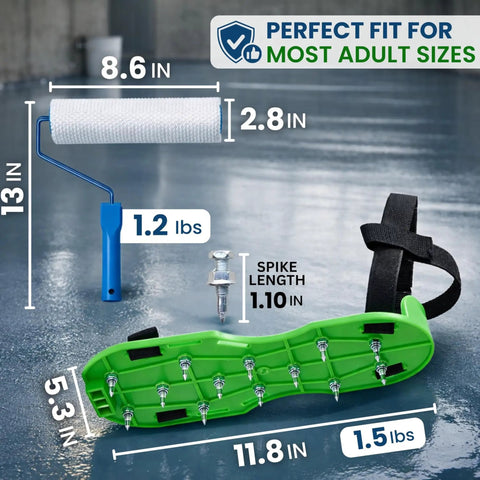 Image showing green epoxy shoes with metal spikes and blue handle 9-inch roller for smooth garage floors, labeled dimensions.