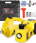 Front view of a yellow 5-ton 12V electric car jack with digital display, LED light, inflator, and impact wrench in a black case.