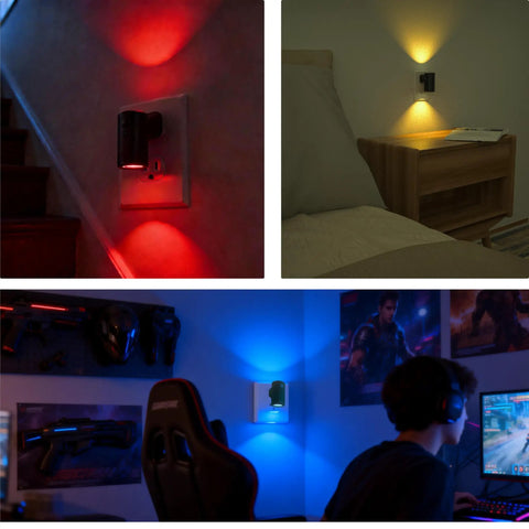 Smart Night Light Wall Mount 2 Pack With Remote And App Control casting multi-color ambient lighting in various rooms.