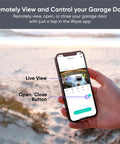 Smart Garage Door Opener With Built In 1080P Video, app displaying live view and controls on smartphone screen at beach