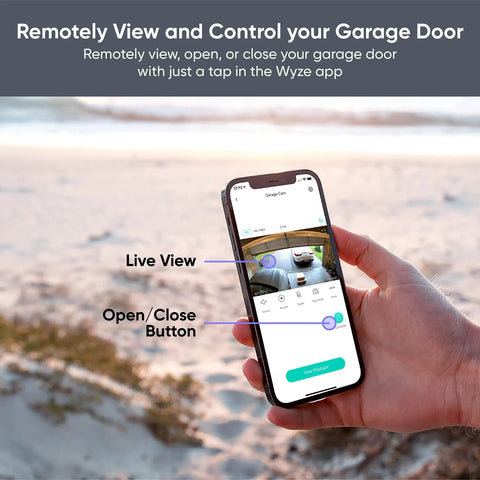 Smart Garage Door Opener With Built In 1080P Video, app displaying live view and controls on smartphone screen at beach