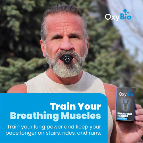 Man using Respiratory Trainer For Lungs With Adjustable Breathing Resistance, Portable Silicone Lung Exerciser For Athletes