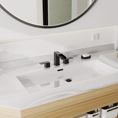 Oil Rubbed Bronze 3-Hole 8-Inch Widespread Bathroom Faucet With Two Handles, Metal Pop Up Drain Assembly on modern vanity
