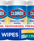 Allergy Season Disinfecting Wipes Bleach Free Multi Surface Cleaner Antibacterial Fresh Scent Crisp Lemon 75 Count Each Pack Of 3 Kills 99.9 Percent Of Viruses And Bacteria Including COVID 19 For Quick Easy Cleanups; packaging shows 3-pack with 225 wipes, Clorox brand, cleans and deodorizes with fresh and crisp scents