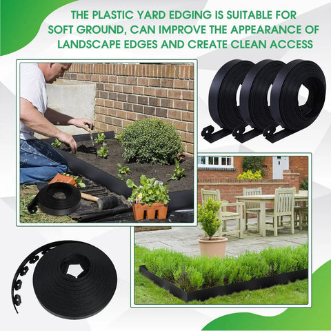 148 Ft Garden Landscape Edging Kit With 4 Inch Tall Border Easy Install DIY Friendly Includes 70 Spiral Anchors And 20 Connectors Black Border Roll For Walkways Flower Beds Lawns And Yard Decor in use in a garden setting with rolled edging, spiral anchors, and connectors visible.