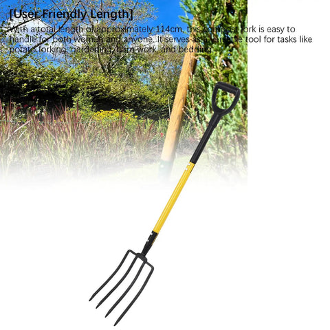 46 Inch 4 Tines Digging Fork With Y Shaped Handle For Gardening And Composting Heavy Duty Iron Pitch Fork For Potatoes Bedding Barn Work And Quick Transplanting Multi Functional Garden Tool