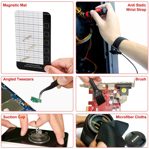 Hands using 191 In 1 Electronics Precision Screwdriver Set with Magnetic Driver Kit; includes magnetic mat, wrist strap, tools.