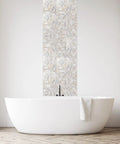 Peel And Stick Backsplash With Natural Mother Of Pearl Mosaic Shell Tiles behind bathtub, decorative self-adhesive wall decor.