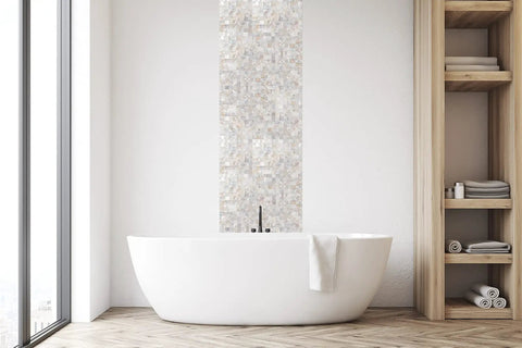 Peel And Stick Backsplash With Natural Mother Of Pearl Mosaic Shell Tiles behind bathtub, decorative self-adhesive wall decor.