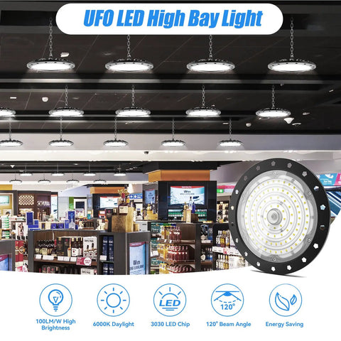 UFO High Bay LED Shop Light 6000K Daylight Bright Industrial Lighting for warehouse and retail displays