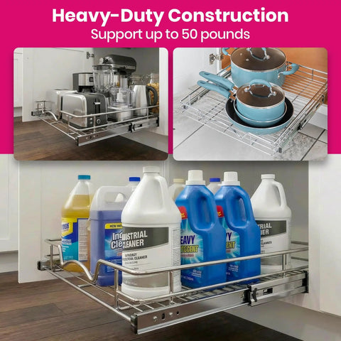 Heavy Duty Pull Out Cabinet Organizer With Smooth Sliding Drawers In Chrome Finish holding kitchen appliances and cleaning supplies