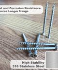 Marine Grade 316 Stainless Steel Wood Screws Size 10 x 2-1/2 Inch Flat Head Square Drive close-up on wooden surface