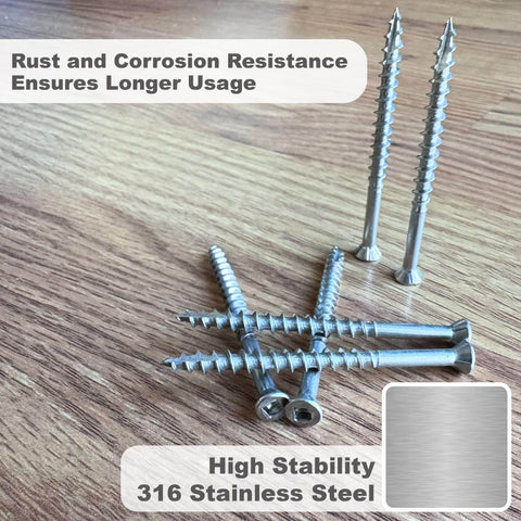 Marine Grade 316 Stainless Steel Wood Screws Size 10 x 2-1/2 Inch Flat Head Square Drive close-up on wooden surface