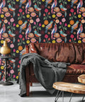 Dark Parrot Floral Peel And Stick Wallpaper 17.7 Inch Wide By 78.7 Inch Long, Vintage Exotic Birds And Flowers Pattern on living room wall