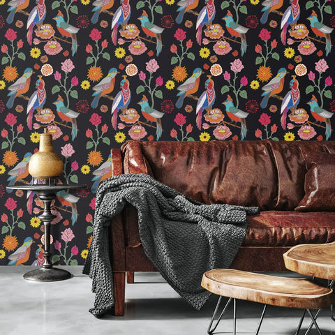 Dark Parrot Floral Peel And Stick Wallpaper 17.7 Inch Wide By 78.7 Inch Long, Vintage Exotic Birds And Flowers Pattern on living room wall
