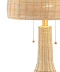 Bohemian Rustic 22 Inch LED Table Lamp With Natural Rattan Shade And Brass Gold Finish, base and shade close-up, farmhouse coastal style