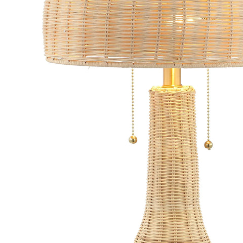 Bohemian Rustic 22 Inch LED Table Lamp With Natural Rattan Shade And Brass Gold Finish, base and shade close-up, farmhouse coastal style