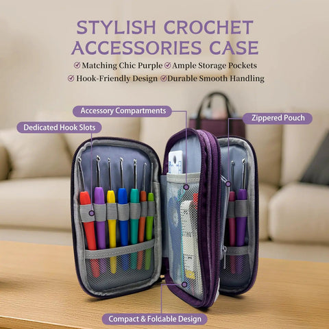 Deluxe Beginner Crochet Kit Bundle With 116 Piece Set shown, featuring open purple accessory case with colorful hooks and tools.