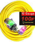10 Gauge 100 Ft Extension Cord 15 Amp 10 3 Grounded Outdoor Contractor Grade Power Cord With Lighted Ends, Yellow