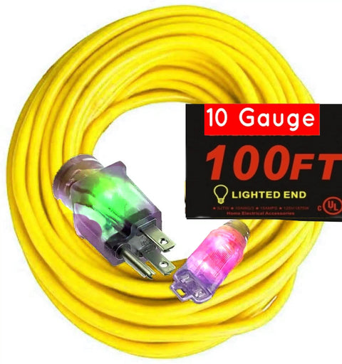 10 Gauge 100 Ft Extension Cord 15 Amp 10 3 Grounded Outdoor Contractor Grade Power Cord With Lighted Ends, Yellow