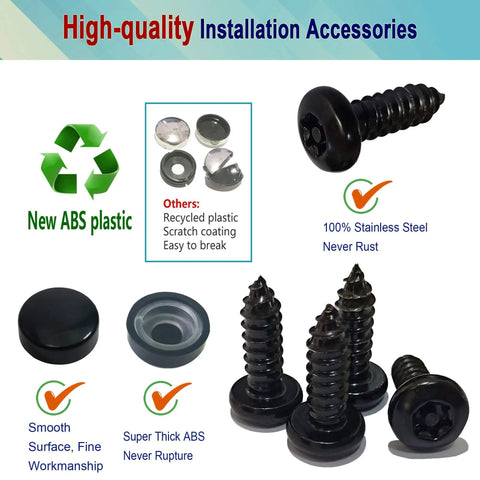 Black Stainless Steel License Plate Screws Kit With Matte Black Caps For Front Bumper Mounting Anti Theft Self Tapping Hardware Heavy Duty Tag Frame Insert Fasteners And Weather Resistant Fasteners displayed.